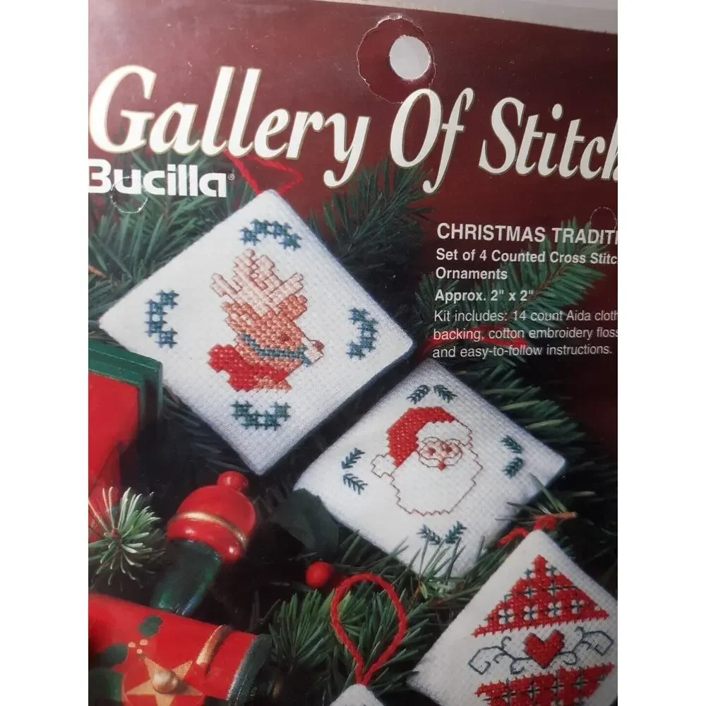 1995 Bucilla Gallery Of Stitches Christmas Traditions Cross Stitch 4 Ornaments